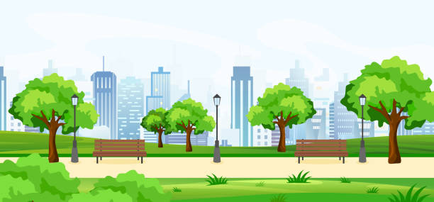 ilustraciones, imágenes clip art, dibujos animados e iconos de stock de ilustración de vector de un verano hermoso parque con árboles verdes y bancos, vista panorámica sobre la gran ciudad moderna con rascacielos. estilo de la historieta plana. - meadow summer backgrounds panoramic