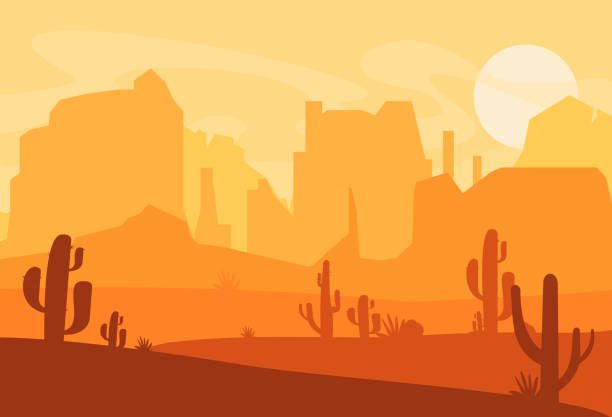 illustrations, cliparts, dessins animés et icônes de illustration vectorielle de la silhouette du désert de l’ouest du texas. scène d’amérique far west avec coucher de soleil dans le désert avec des montagnes et des cactus en style cartoon plat. - cowboy hat illustrations