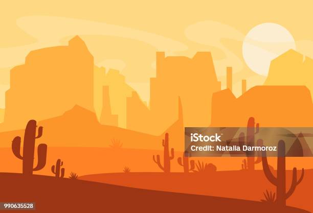 Illustration Vectorielle De La Silhouette Du Désert De Louest Du Texas Scène Damérique Far West Avec Coucher De Soleil Dans Le Désert Avec Des Montagnes Et Des Cactus En Style Cartoon Plat Vecteurs libres de droits et plus d'images vectorielles de Fond