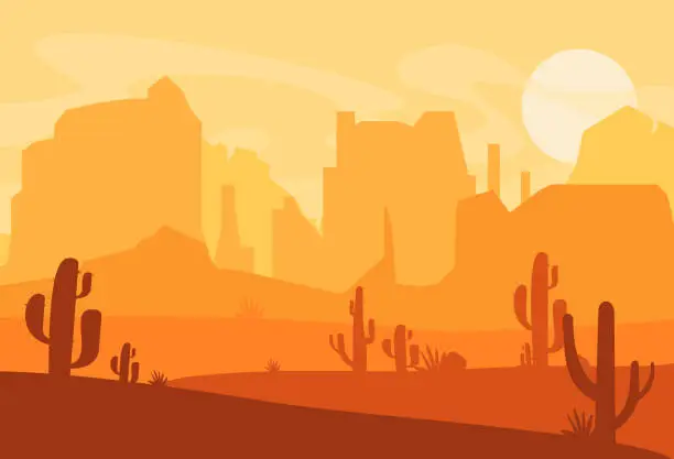 Vector illustration of Vector illustration of Western Texas desert silhouette. Wild west america scene with sunset in desert with mountains and cactus in flat cartoon style.
