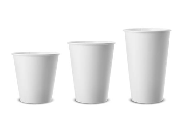 벡터 현실적인 3d 백서 일회용 컵 아이콘 설정 흰색 배경에 고립의 근접 촬영. 다른 크기-소형, 중형 및 대형입니다. 그래픽, 디자인 서식 파일 이랑. 전면 보기 - disposable cup cup paper disposable stock illustrations