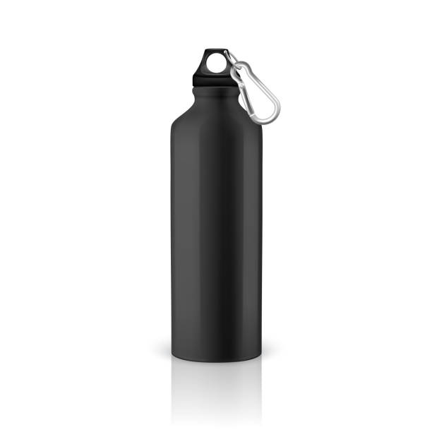 istock Vector realistic 3d black empty glossy metal water bottle with black bung closeup isolated on white background. Design template of packaging mockup for graphics. Front view 990652528