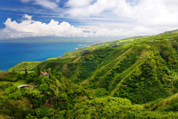 потрясающий пейзаж вид с вайхи ридж трейл, с видом на кахулуи и халеакала, мауи, гавайи - haleakala national park maui nature volcano стоковые фото и изображения