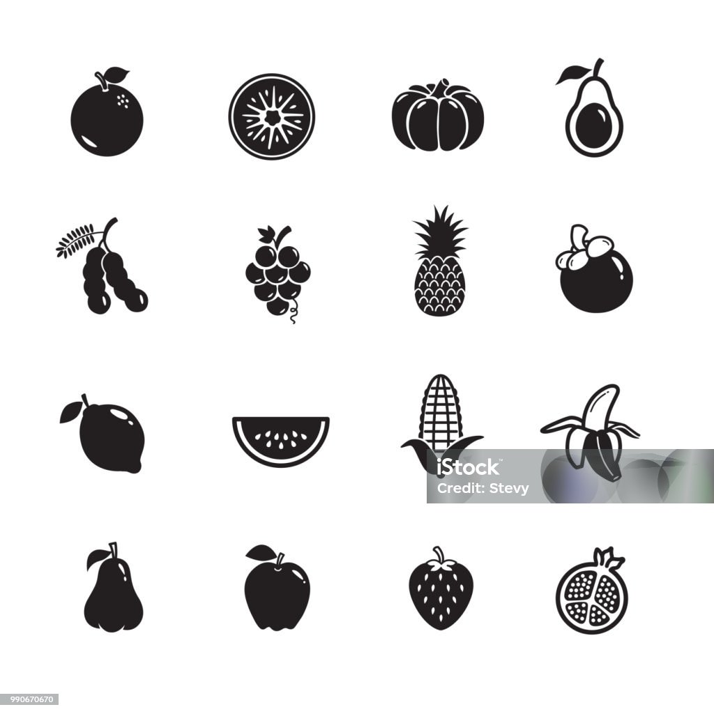 Fruit Icons Fruit icons, set of 16 editable filled, simple clearly defined shapes in one color. Grapefruit stock vector