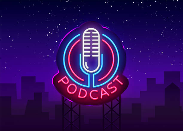 illustrazioni stock, clip art, cartoni animati e icone di tendenza di modello di progettazione vettoriale di firma al neon podcast. logo al neon podcast, elemento di design banner leggero colorato tendenza di design moderno, pubblicità notturna luminosa, segno luminoso. illustrazione vettoriale. cartellone - neon light disco lights illuminated nightlife