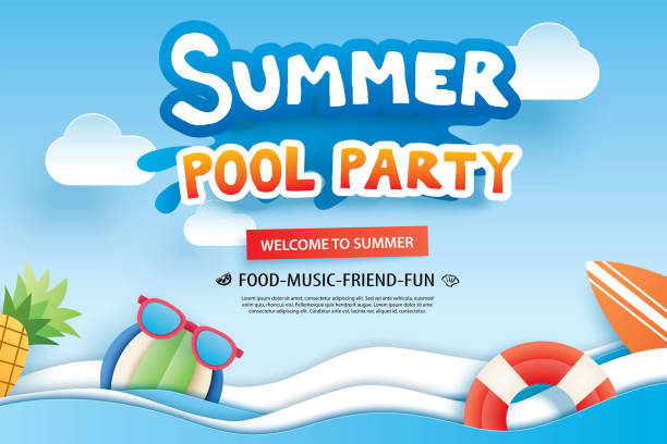 Summer pool party with paper cut symbol and icon for invitation background. Art and craft style. Use for ads, banner, poster, card, cover, stickers, badges, illustration design. Summer pool party with paper cut symbol and icon for invitation background. Art and craft style. Use for ads, banner, poster, card, cover, stickers, badges, illustration design. swimming drawings stock illustrations