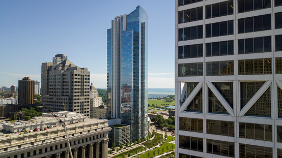 Aerial skyline view of modern Downtown Milwaukee.