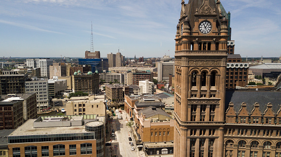 Aerial skyline view of Downtown Milwaukee.