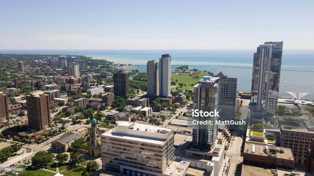 Downtown Milwaukee Aerial skyline view of Downtown Milwaukee. Aerial View Stock Photo