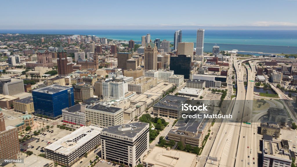 Downtown Milwaukee Aerial skyline view of Downtown Milwaukee. Milwaukee - Wisconsin Stock Photo