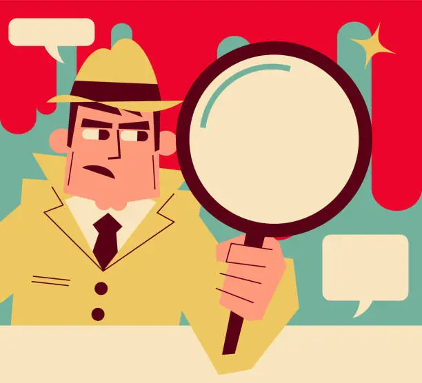 Vector illustration of Retro detective (inspector) holding a magnifying glass