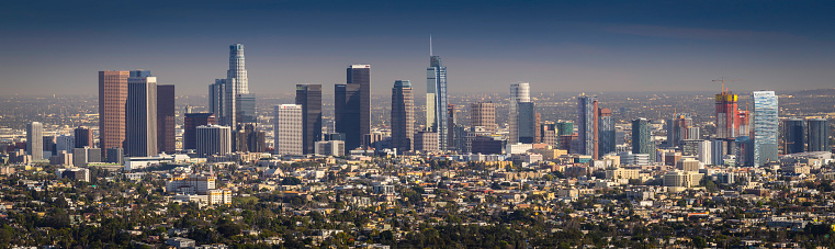 A breathtaking, afternoon view of downtown Los Angeles taken from the Griffith Observatory.  An amazing view of Los Angeles skyscrapers