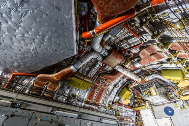 Interior of Boeing C-17 Globemaster III plane fuselage with seats and ground attachment points