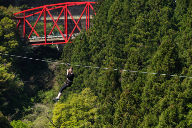 istock Woman on a zip line flying through a forested canyon 990794244