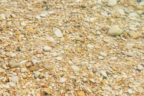 Ripples creating shadows onto round pebbles in water.Close up textured stone immersed in water.Sea stones in the sea water. Pebbles under water.