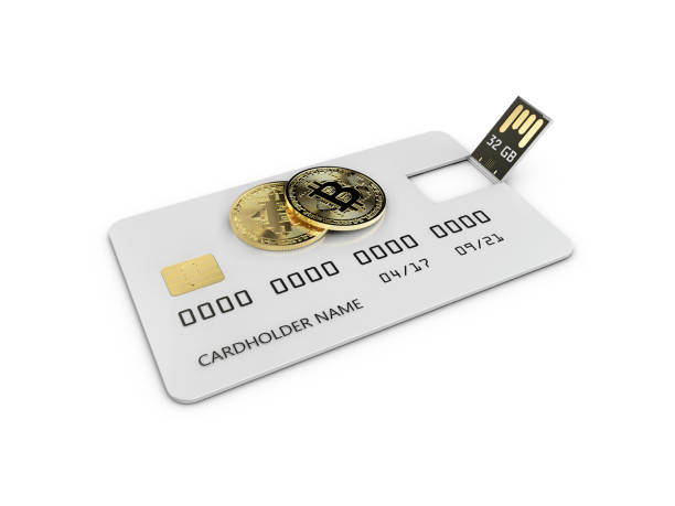 3d ilustración de flash drive. tarjeta de crédito oro bitcoins - flash8 fotografías e imágenes de stock