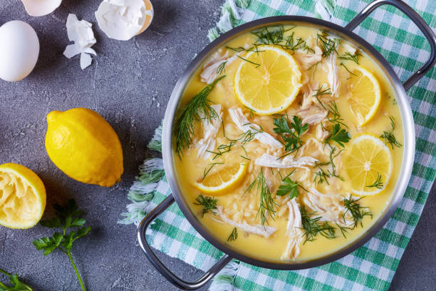 greek chicken soup with lemon, top view