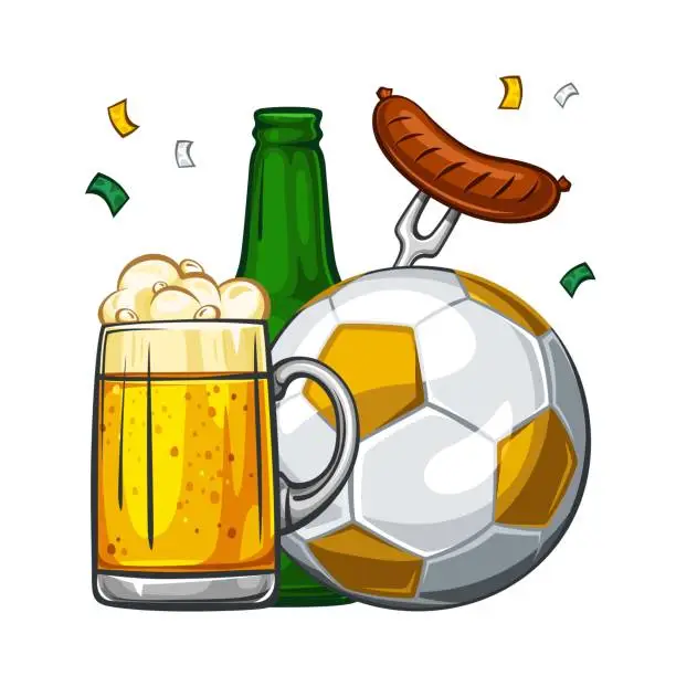 Vector illustration of Soccer ball with glass of light beer, green bottle and sausage. Football - sport game 1.1