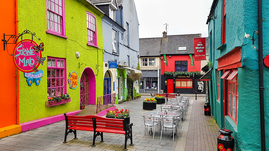 Kinsale, Cork, Ireland - 06 May, 2018 - Colorful houses in the Market street and the Newman's Mall. The historic streetscape is a famous holiday destination.