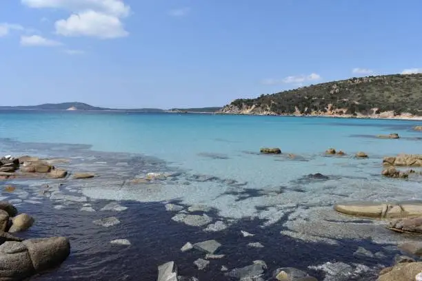 The clear blue sea of the south east Sardinian coast where the water is crisp and warm. This was taken on a part of the island only accessible by boat