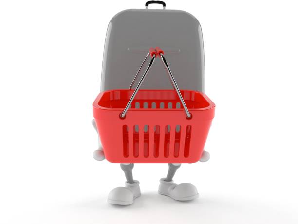 istock Suitcase character holding shopping basket 990845028