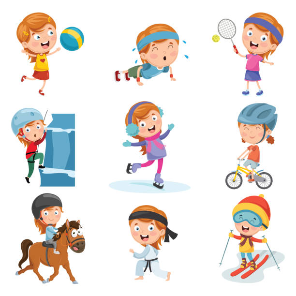 ilustrações de stock, clip art, desenhos animados e ícones de vector illustration of little girl making sport - extreme sports karate sport exercising