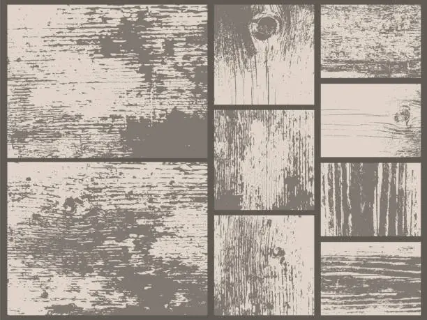 Vector illustration of Grunge textures set. Old wood. Rust metal. Leather. Ground. Desert. Antic.