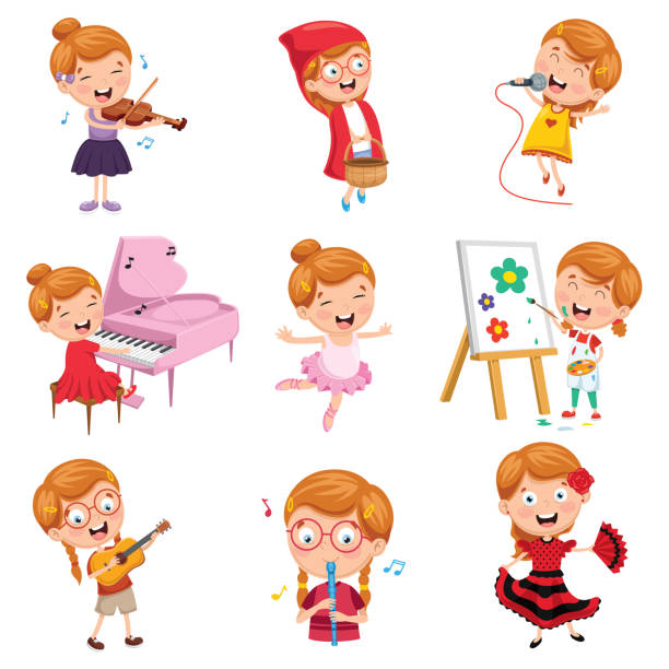 ilustraciones, imágenes clip art, dibujos animados e iconos de stock de vector ilustración de niña realizar arte - illustration technique people performing arts event musical instrument