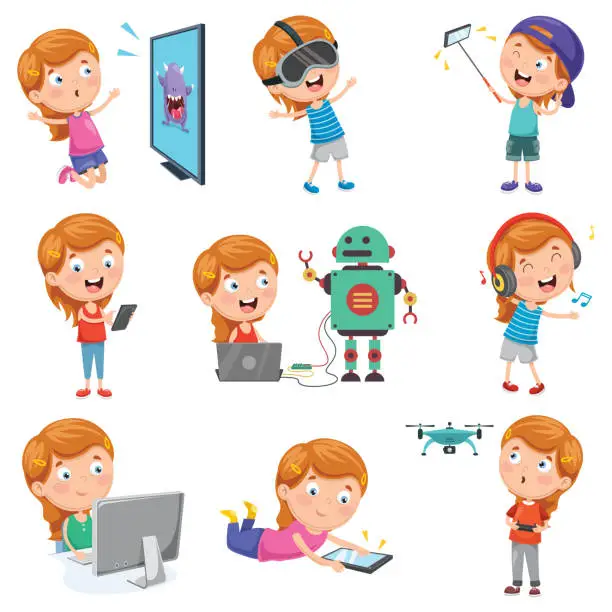 Vector illustration of Vector Illustration Of Little Girl Playing With Devices