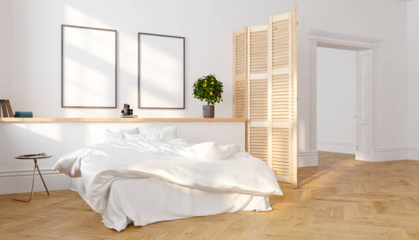 istock White classic scandinavian loft bedroom interior, sunlight. 3d render illustration mock up. 990860272