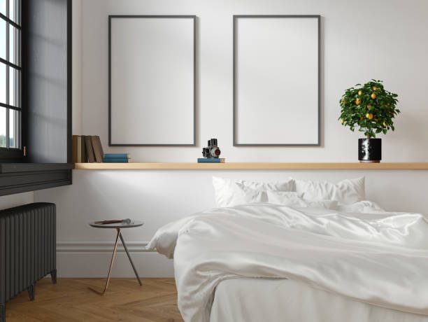 istock White classic scandinavian loft bedroom interior. 3d render illustration mock up. Front view. 990860314