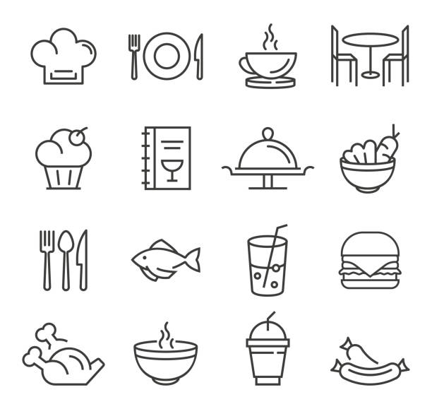 ilustraciones, imágenes clip art, dibujos animados e iconos de stock de iconos de restaurante - restaurant food dinner lunch