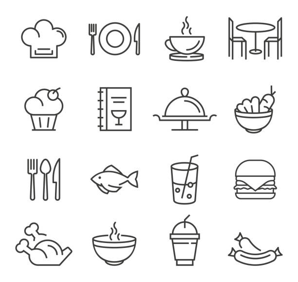 ilustrações, clipart, desenhos animados e ícones de ícones de restaurante - table restaurant chair people