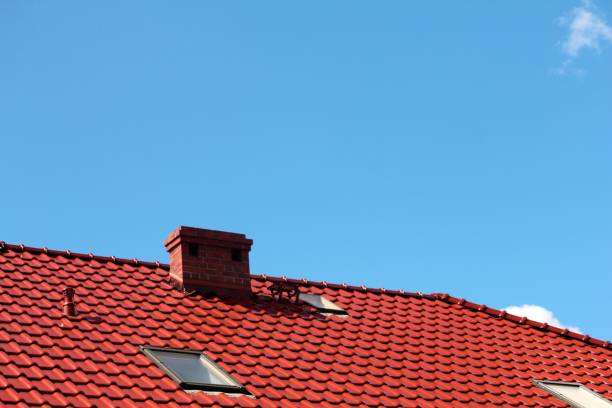 istock Roof with chimney, modern ceramic tile 990861380