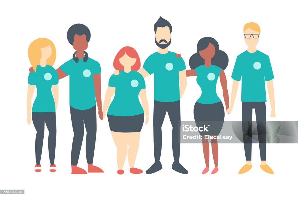 Group of Volunteers wearing same color t-shirts Group of Volunteers wearing same color t-shirts. Multinational people standing happily together. Vector flat isolated image Volunteer stock vector