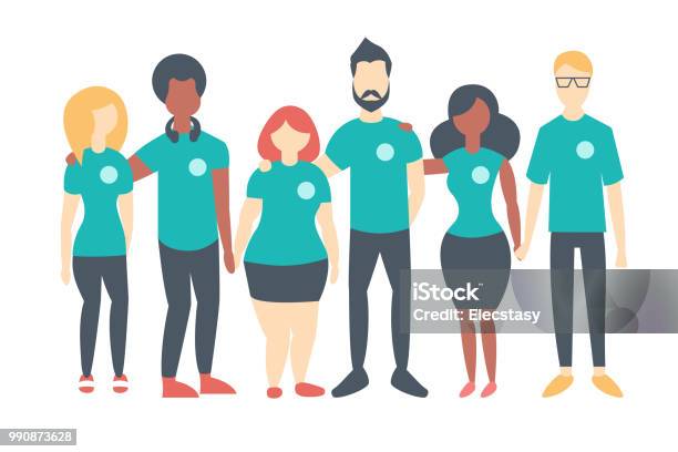 Group Of Volunteers Wearing Same Color Tshirts Stock Illustration - Download Image Now - Volunteer, Community, People