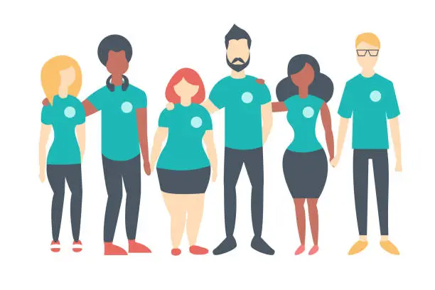 Vector illustration of Group of Volunteers wearing same color t-shirts