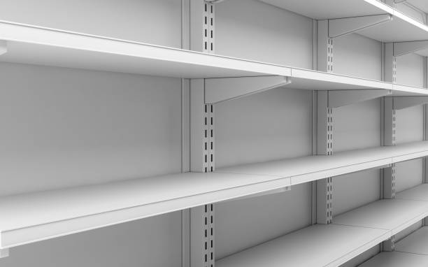 closeup empty white supermarket shelves closeup empty white supermarket shelves point of sale photos stock pictures, royalty-free photos & images