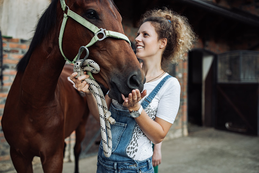 Young woman taking care of her beautiful horse.