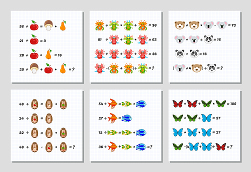 수학 교육 게임 아이 들을 위한 설정입니다 고급 수준입니다 학습 부문 곱셈 공식 작업 워크시트의 순서 논리 수학 퍼즐 세트 생각 아이  시스템 방정식 0명에 대한 스톡 벡터 아트 및 기타 이미지 -