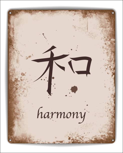 Tranquility poster news A retro style tin poster with the Chinese kanji for harmony. EPS10 vector format at the edge of burnt frame grunge stock illustrations