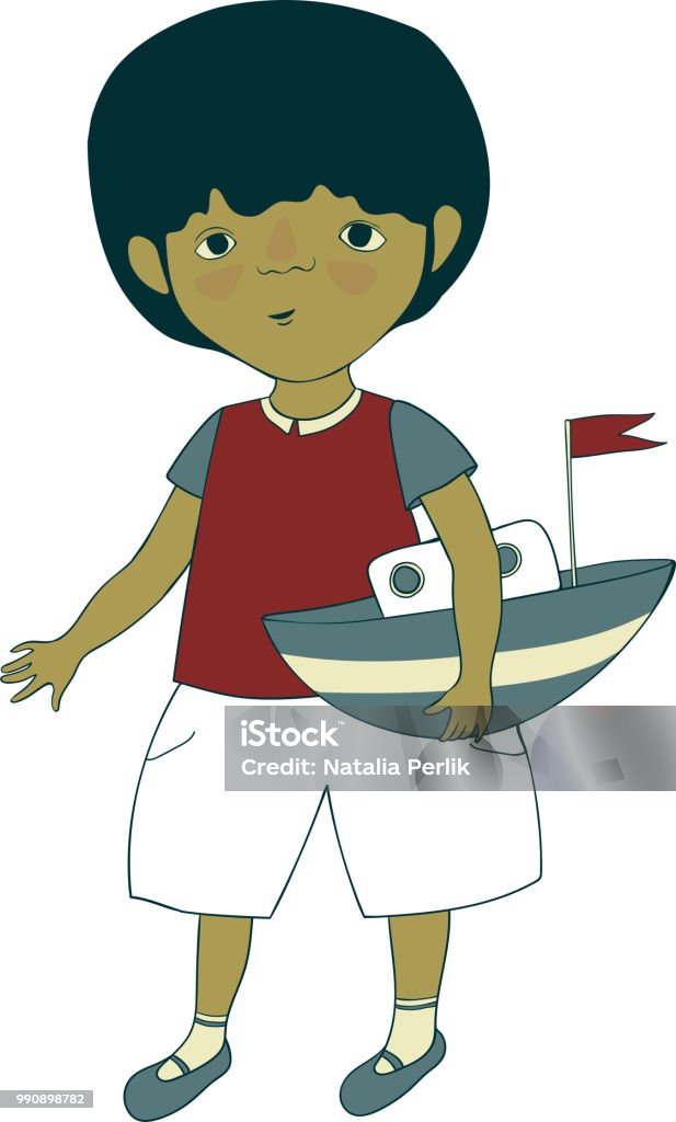 Abbildung mit einem kleinen Jungen und seine Spielzeug-Yacht auf weißem Hintergrund - Lizenzfrei Spielzeugschiff Vektorgrafik