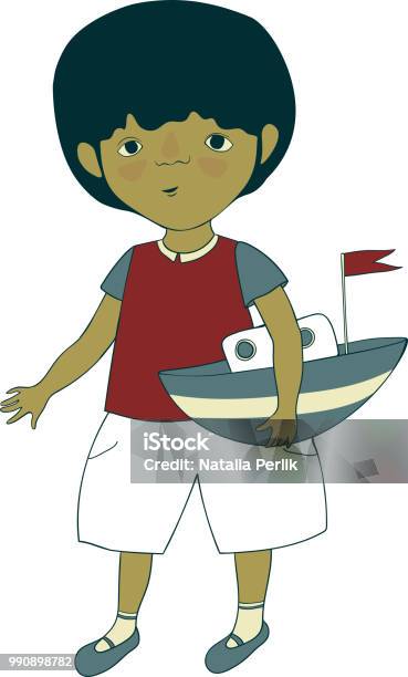 Abbildung Mit Einem Kleinen Jungen Und Seine Spielzeugyacht Auf Weißem Hintergrund Stock Vektor Art und mehr Bilder von Spielzeugschiff