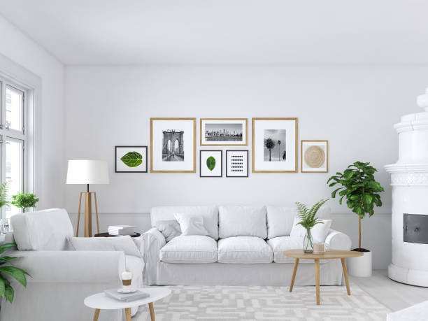 istock living room with picture frames and fireplace. 3d rendering 990900794