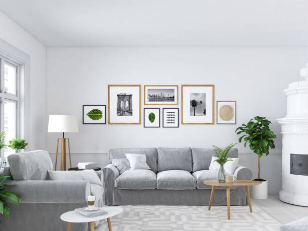 istock living room with picture frames and fireplace. 3d rendering 990901214