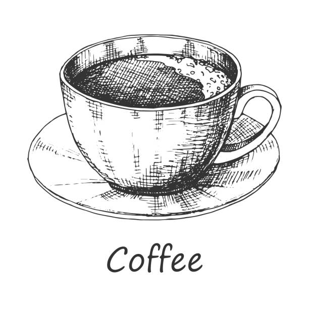 受け皿にコーヒーのマグカップをスケッチします。碑文は、コーヒーです。スケッチ スタイルのベクター イラストです。 - steam black coffee heat drink点のイラスト素材／クリップアート素材／マンガ素材／アイコン素材