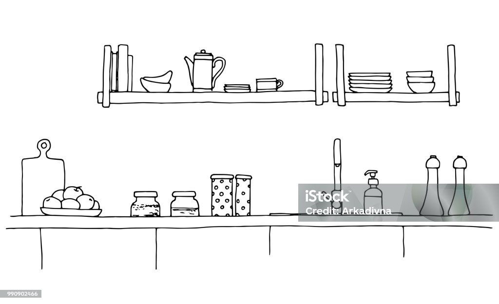 Kitchen worktop with sink. The sketch of the kitchen Kitchen stock vector