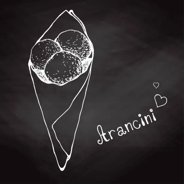 Vector illustration of Sketch arancini in a paper bag on a chalkboard. Italian Cuisine. Vector illustration.