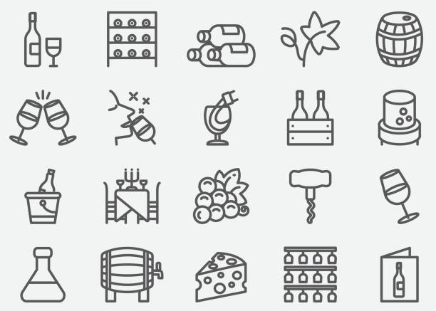 ilustraciones, imágenes clip art, dibujos animados e iconos de stock de línea de vinos iconos - winery wine cellar barrel