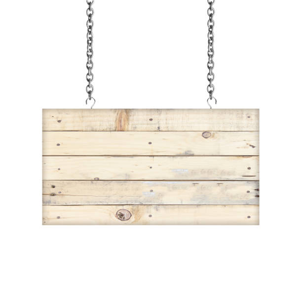 istock Wooden sign hanging on a chain isolated on white 990906592